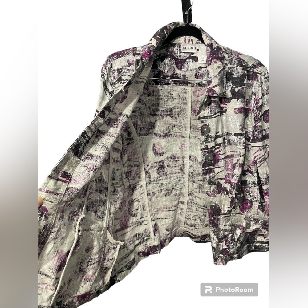 Chicos Women's Size 2 (med) Purple Gray Silver Metallic 100%Linen Jacket Blazer - Picture 14 of 17